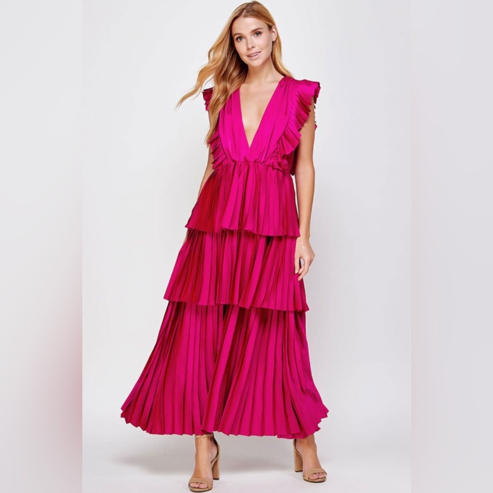 Impressions Pink Tiered Maxi Gown with Plunge Neckline- Worn once for pictures!